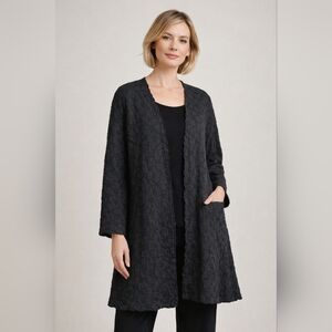 Eileen Fisher Textured Wool Open Front Jacket Cardigan Black M